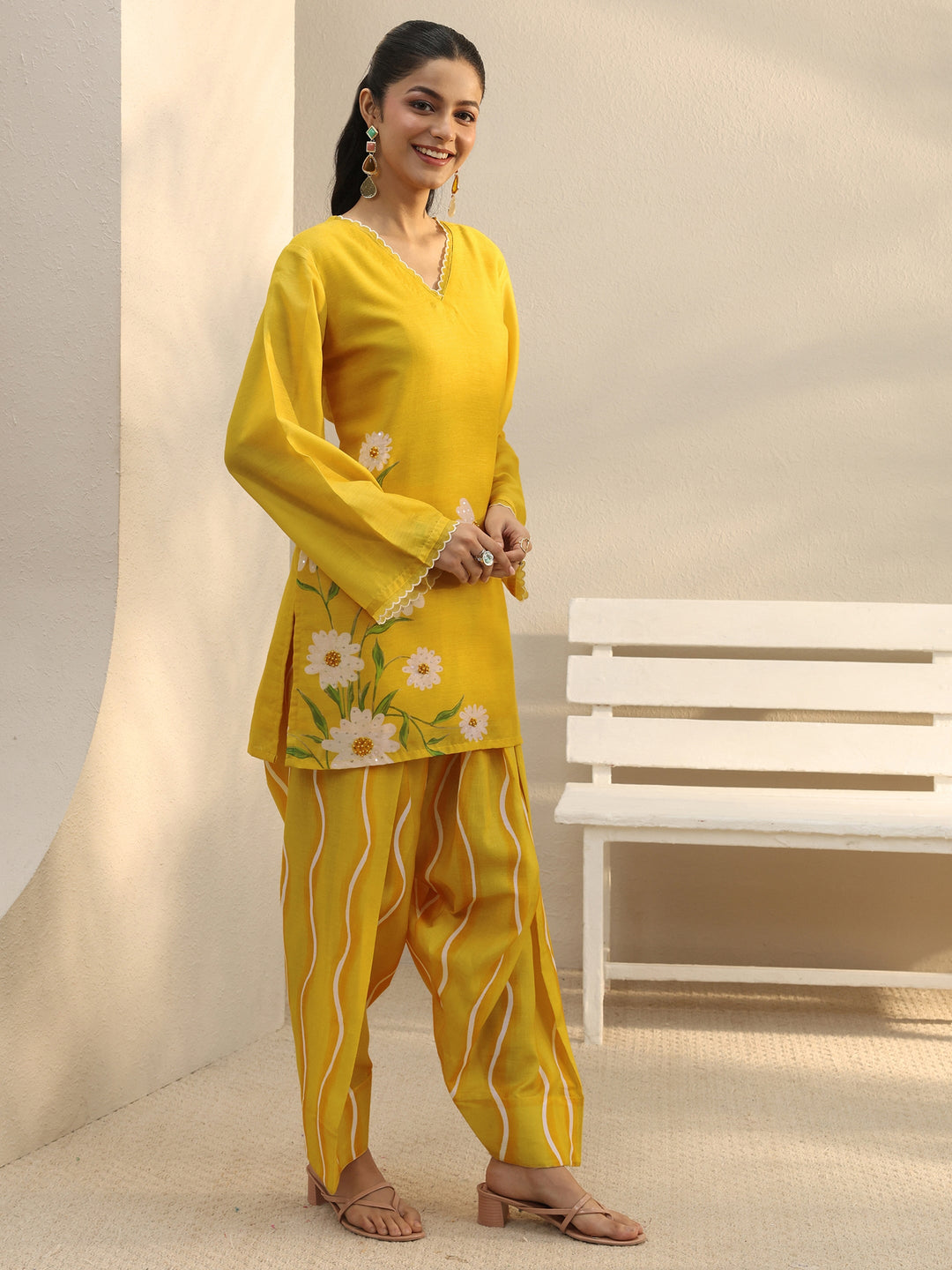 Yellow Floral Printed Chanderi Silk Co-Ord Set