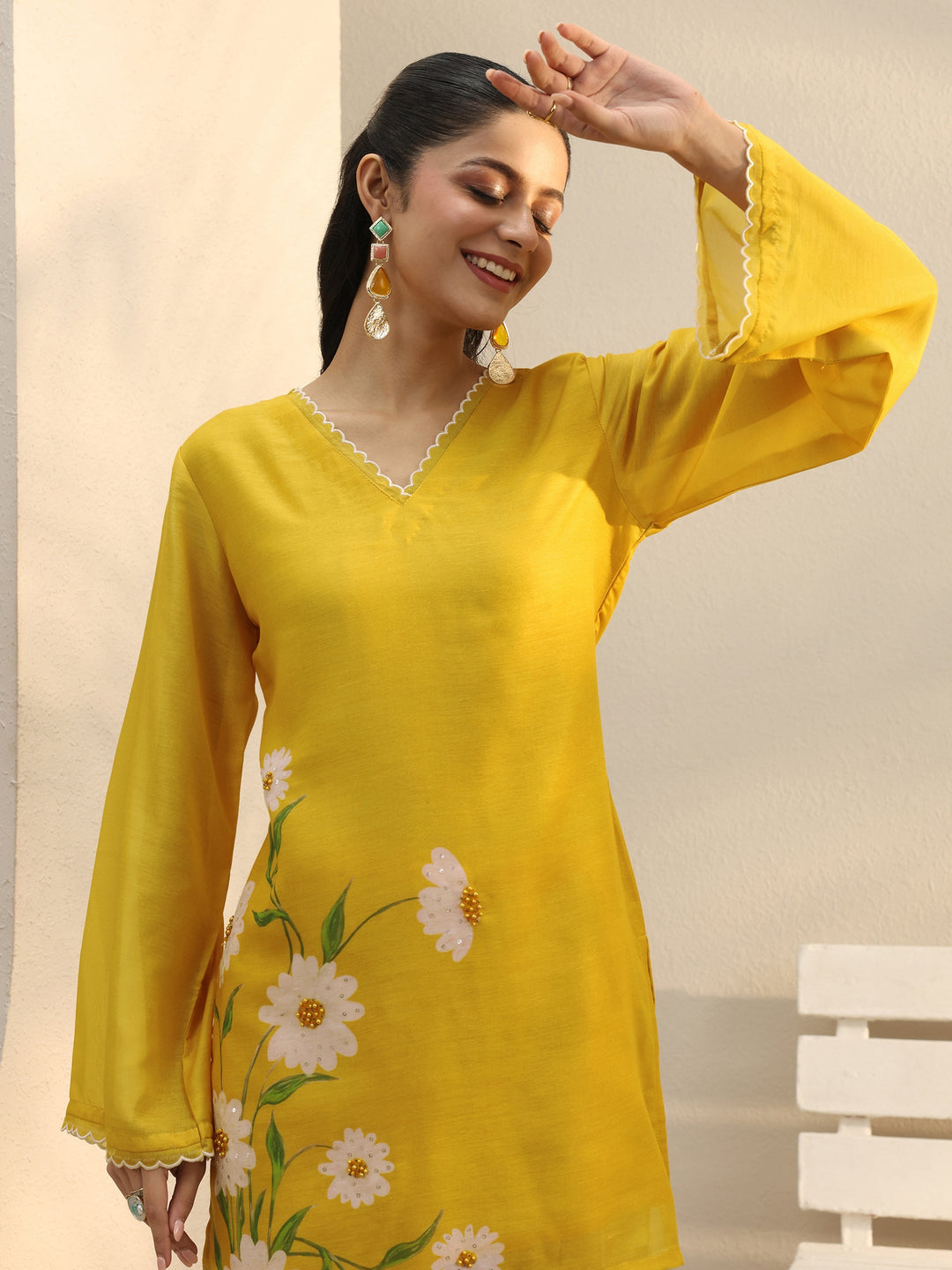 Yellow Floral Printed Chanderi Silk Co-Ord Set