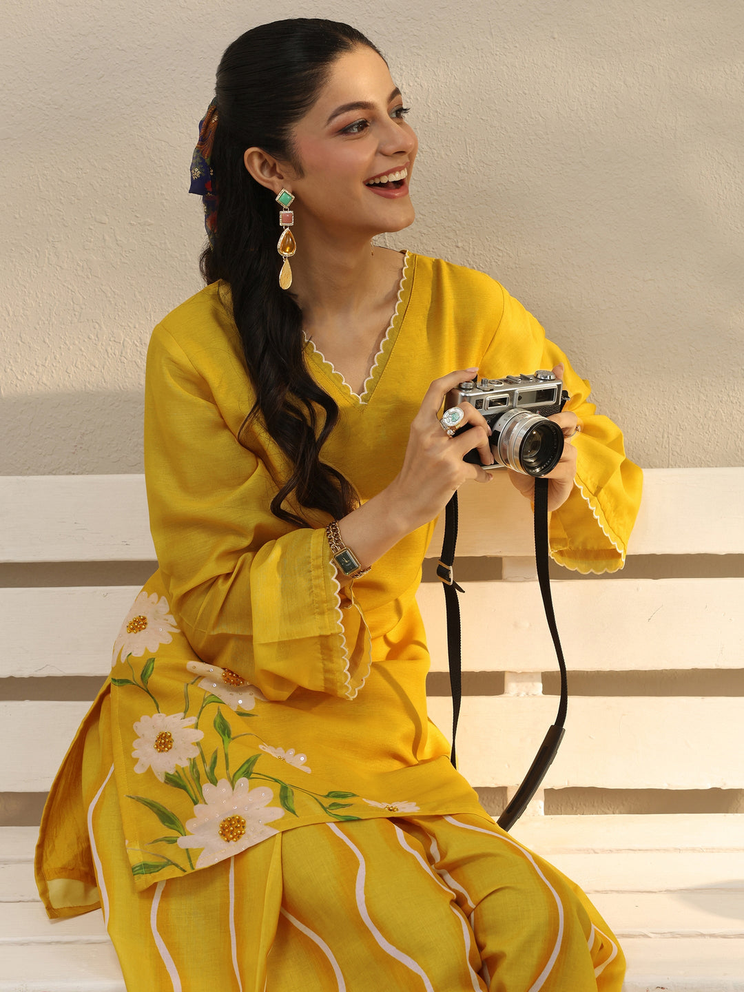 Yellow Floral Printed Chanderi Silk Co-Ord Set