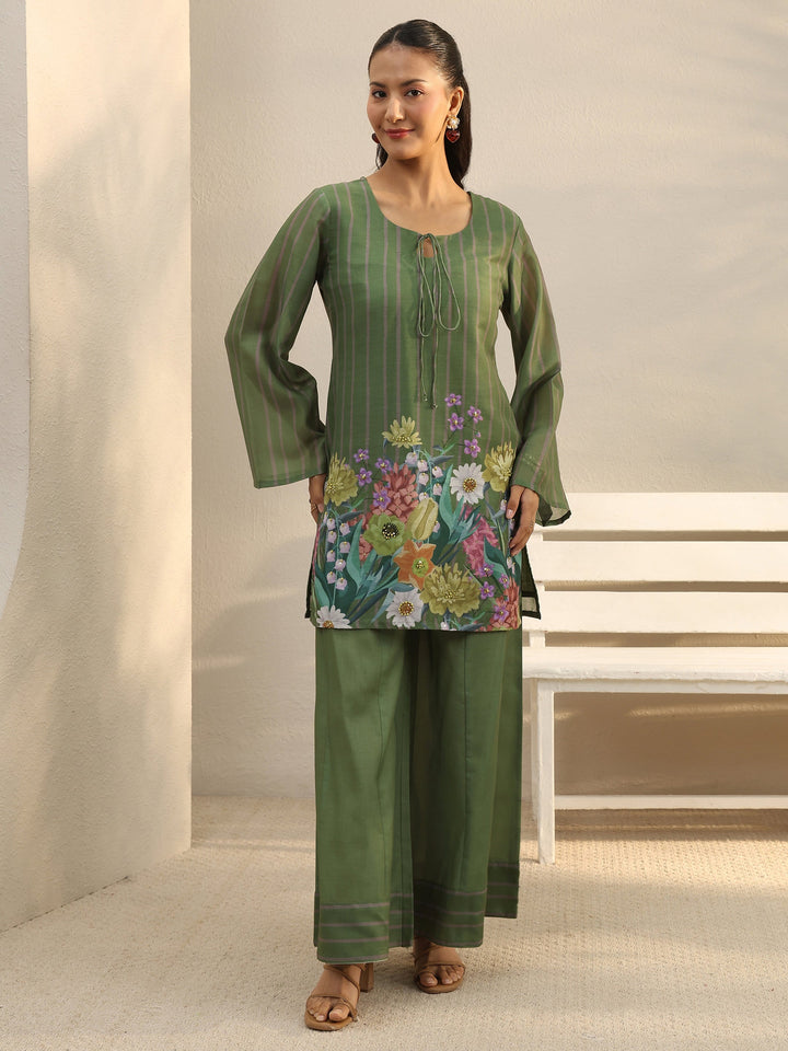 Green Floral Printed Chanderi Silk Co-Ord Set