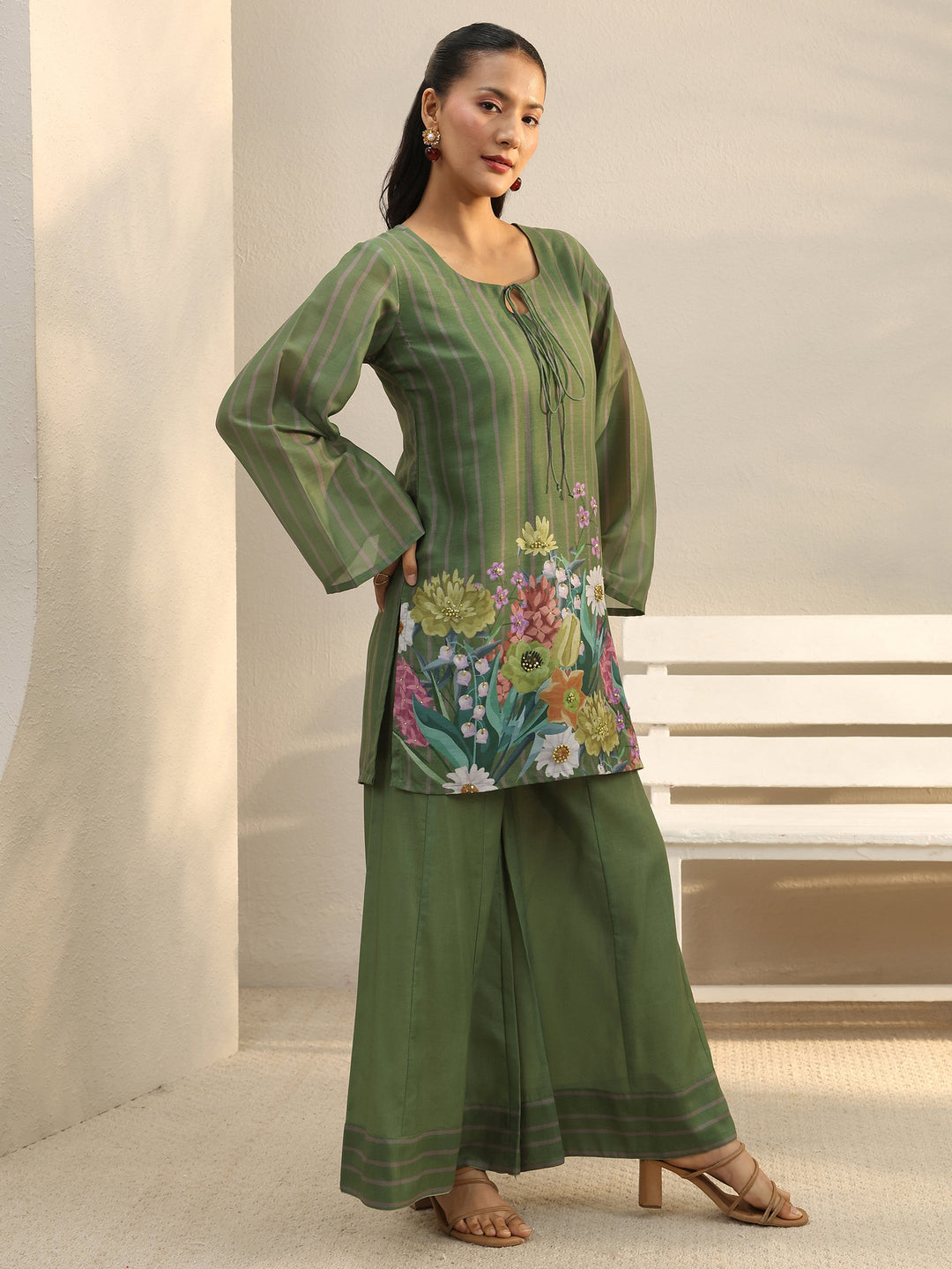 Green Floral Printed Chanderi Silk Co-Ord Set