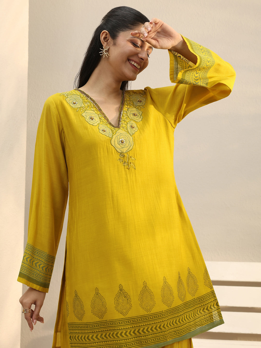 Yellow Floral Embroidered Chanderi Silk Co-Ord Set
