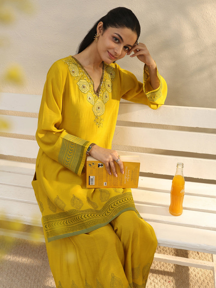 Yellow Floral Embroidered Chanderi Silk Co-Ord Set