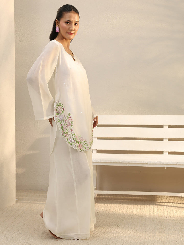 White Floral Embroidered Chanderi Silk Co-Ord Set