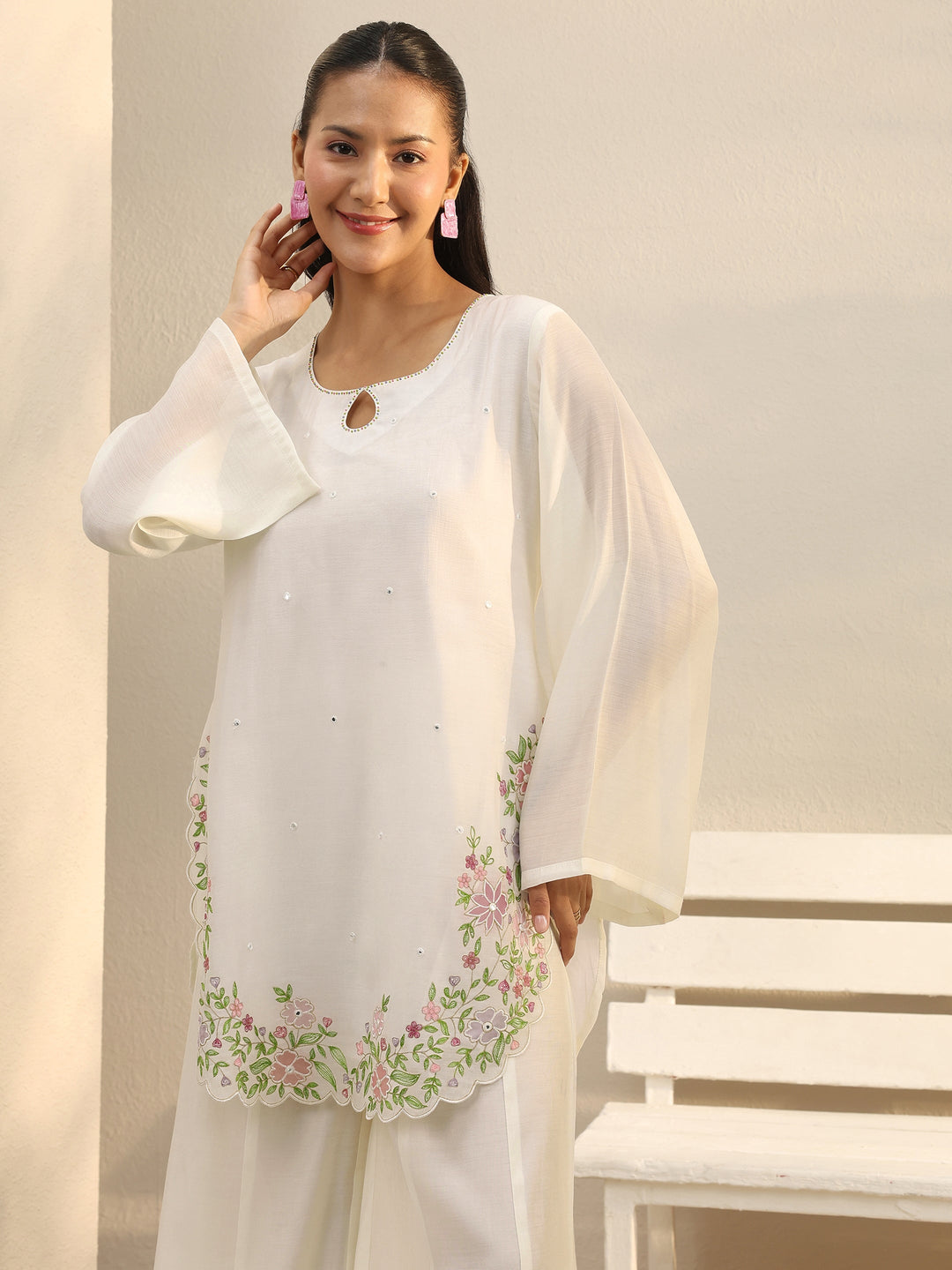 White Floral Embroidered Chanderi Silk Co-Ord Set
