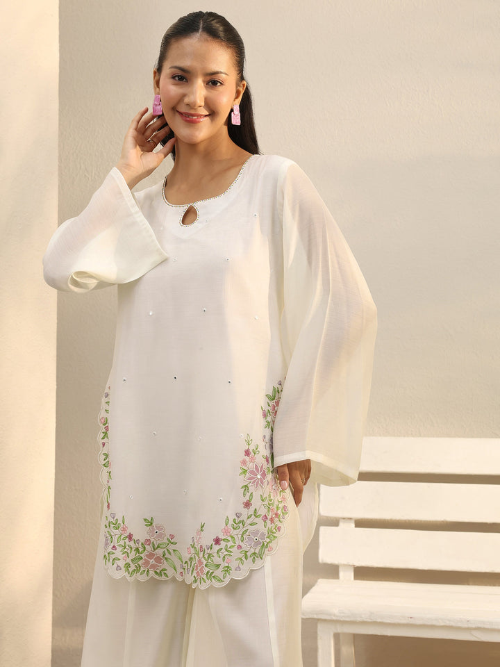 White Floral Embroidered Chanderi Silk Co-Ord Set