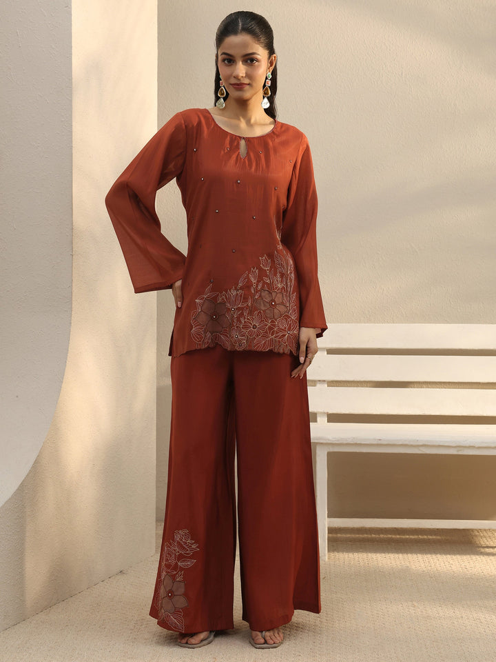 Rust Floral Embroidered Chanderi Silk Co-Ord Set