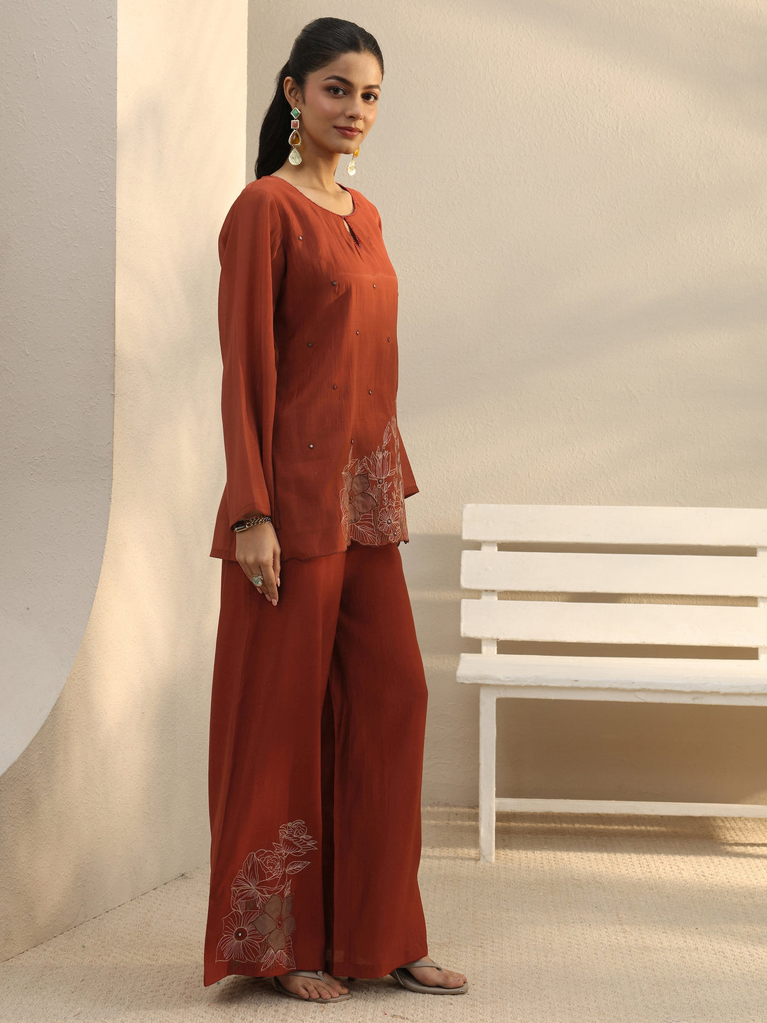Rust Floral Embroidered Chanderi Silk Co-Ord Set