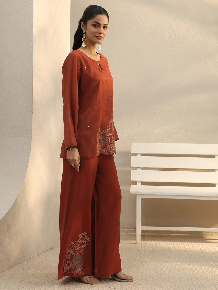 Rust Floral Embroidered Chanderi Silk Co-Ord Set