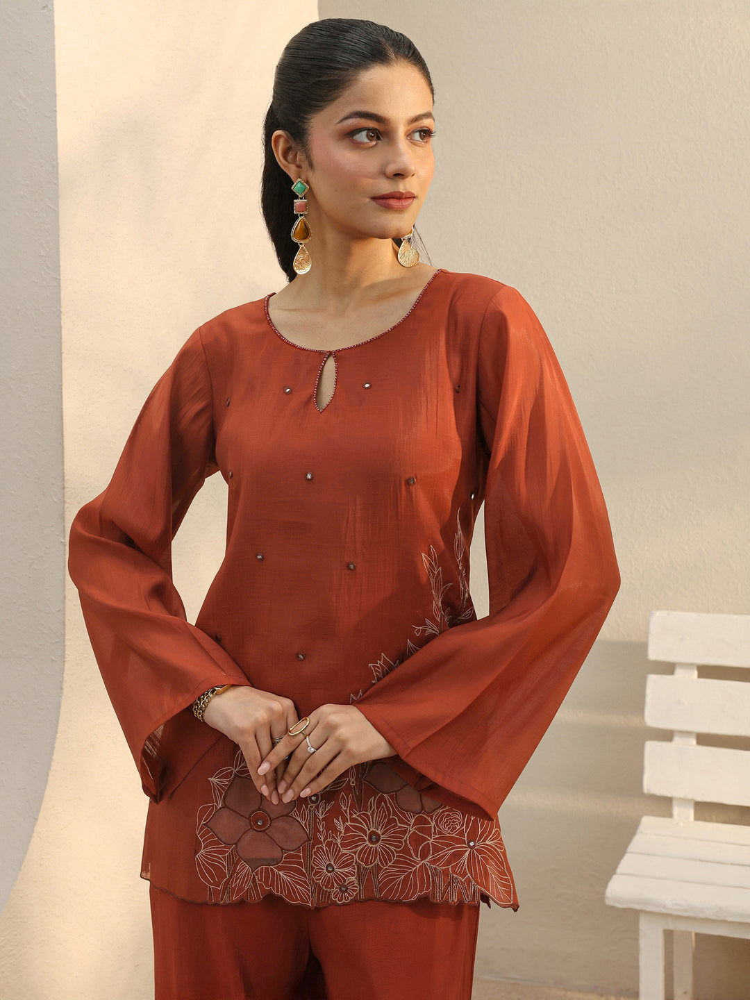Rust Floral Embroidered Chanderi Silk Co-Ord Set