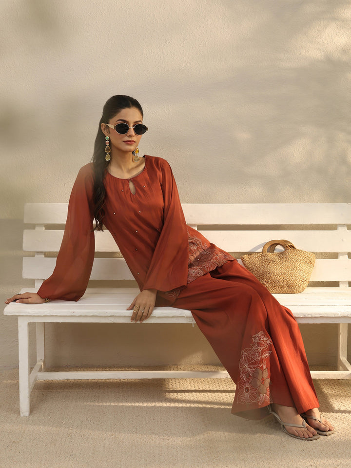 Rust Floral Embroidered Chanderi Silk Co-Ord Set