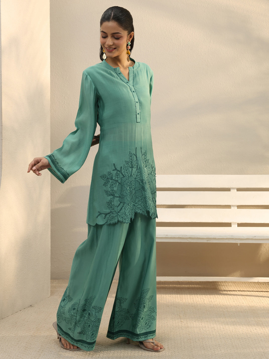 Green Floral Embroidered Chanderi Silk Co-Ord Set