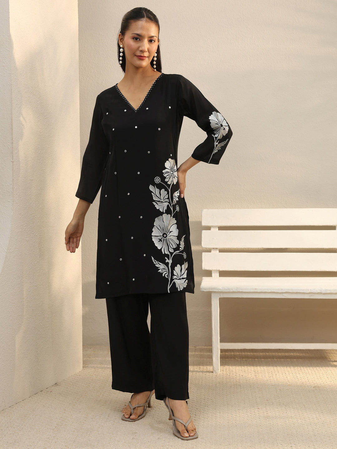 Black Floral Embroidered Chanderi Silk Co-Ord Set