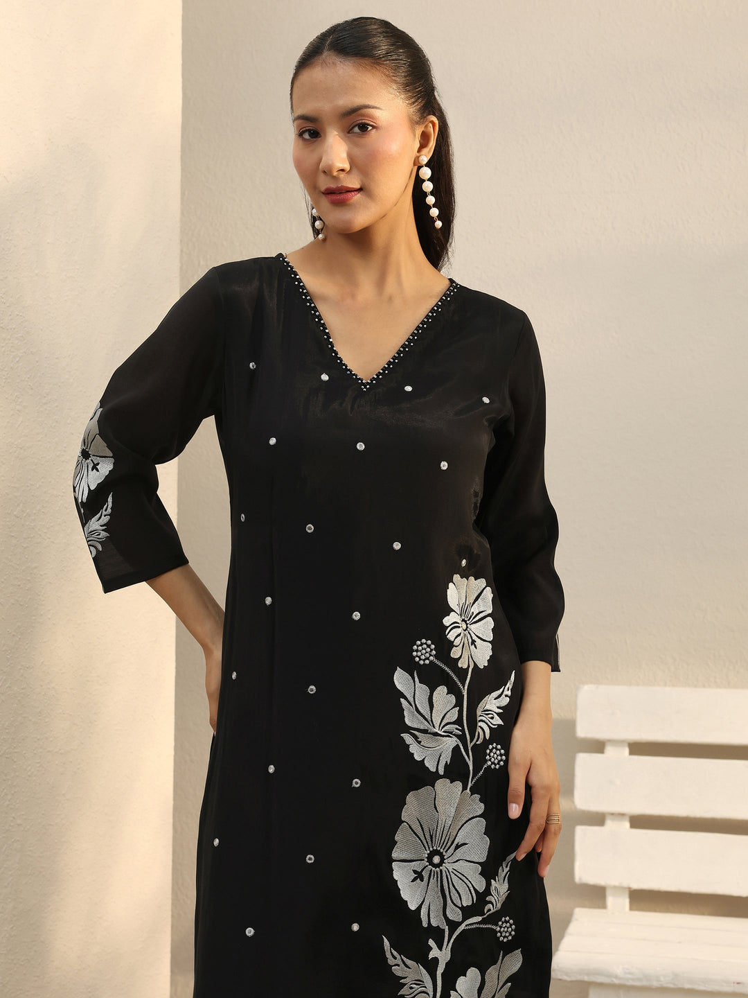 Black Floral Embroidered Chanderi Silk Co-Ord Set