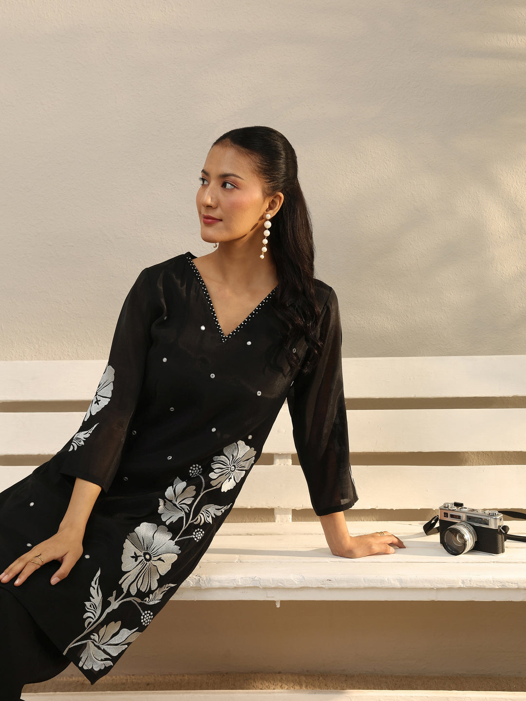 Black Floral Embroidered Chanderi Silk Co-Ord Set