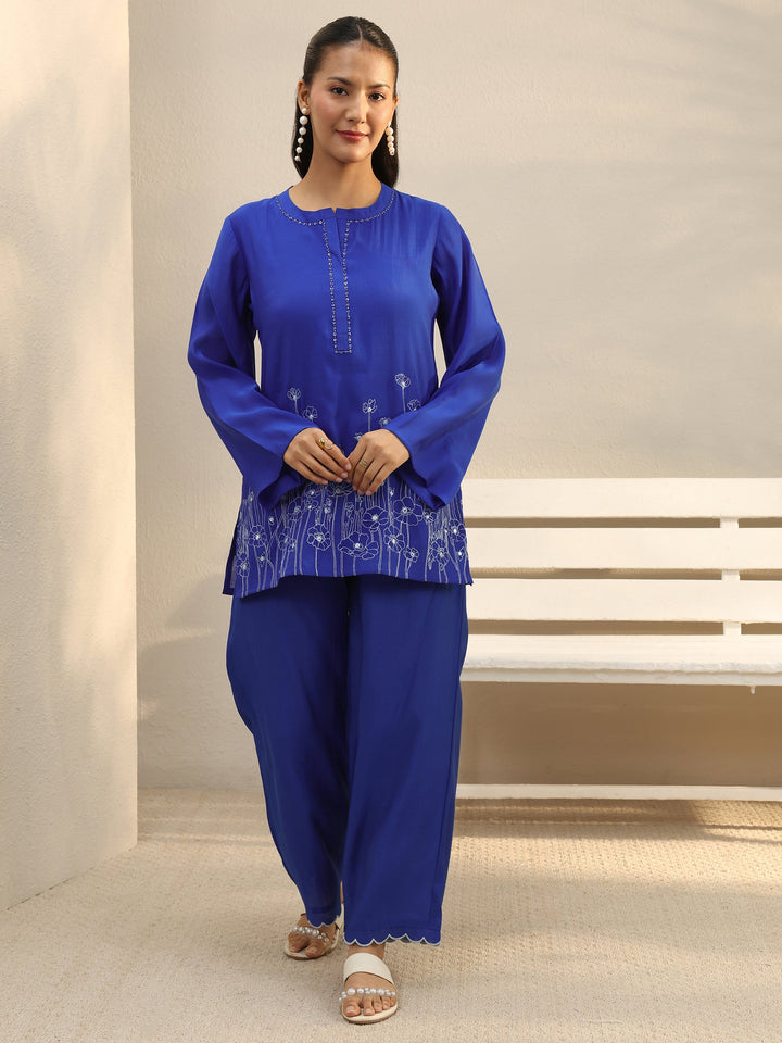 Blue Floral Embroidered Chanderi Silk Co-Ord Set