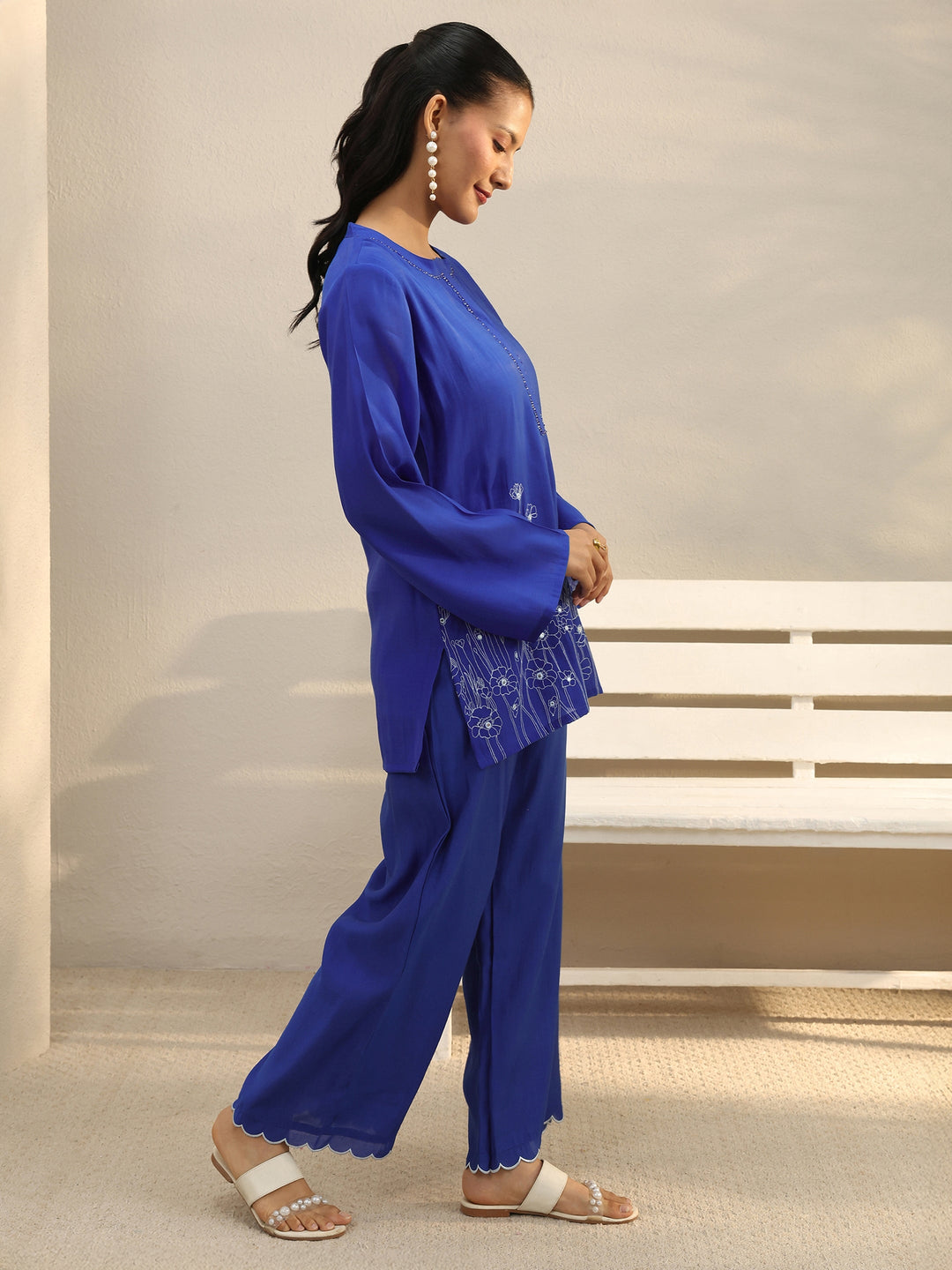 Blue Floral Embroidered Chanderi Silk Co-Ord Set