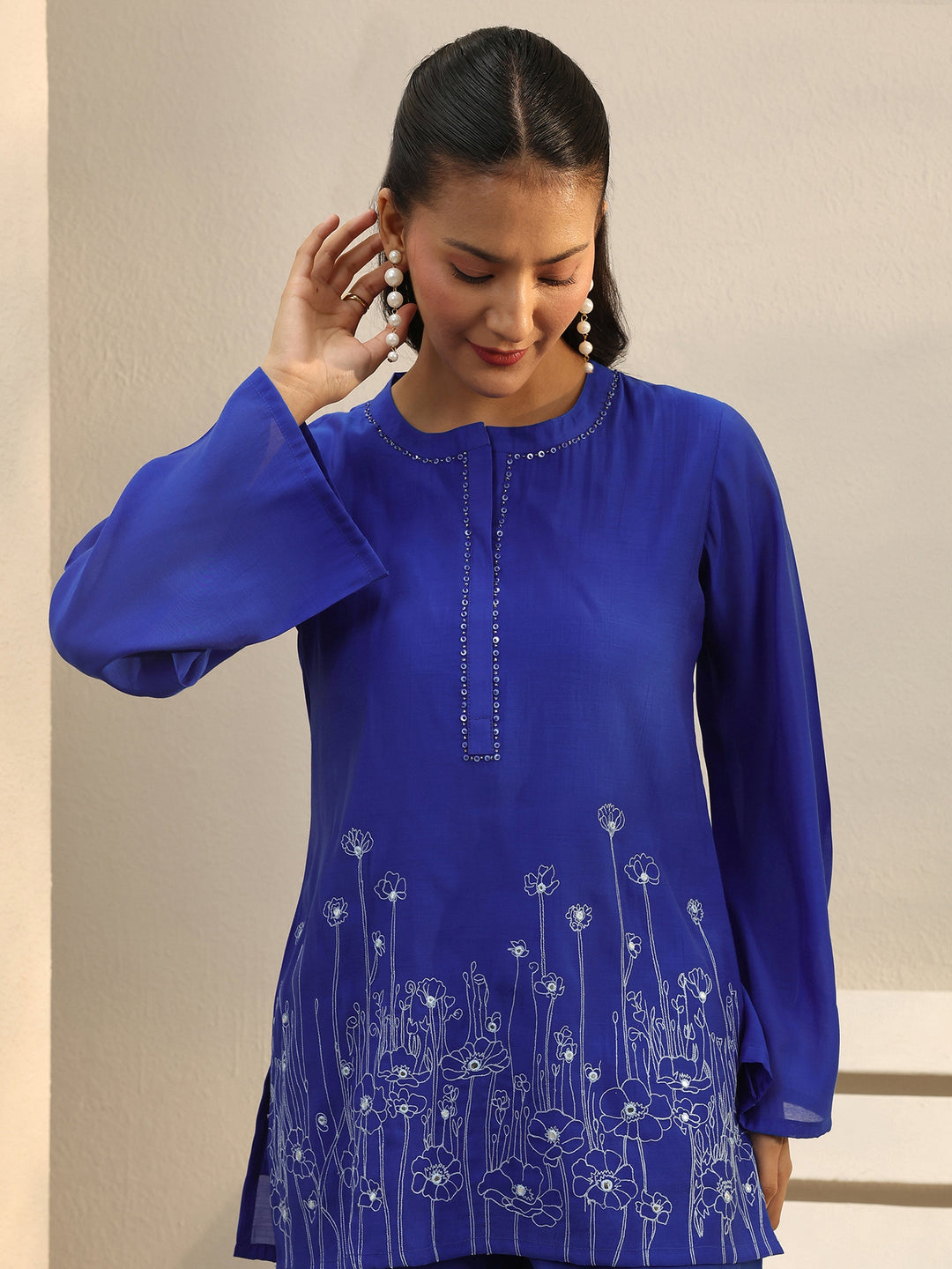 Blue Floral Embroidered Chanderi Silk Co-Ord Set