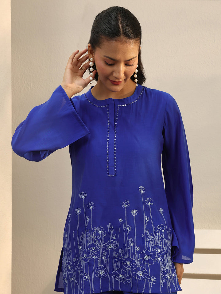 Blue Floral Embroidered Chanderi Silk Co-Ord Set