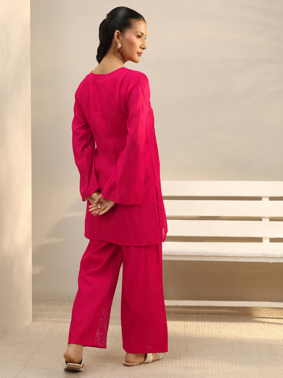 Fuchsia Pink Floral Embroidered Chanderi Silk Co-Ord Set