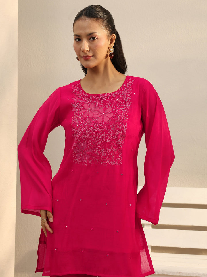 Fuchsia Pink Floral Embroidered Chanderi Silk Co-Ord Set
