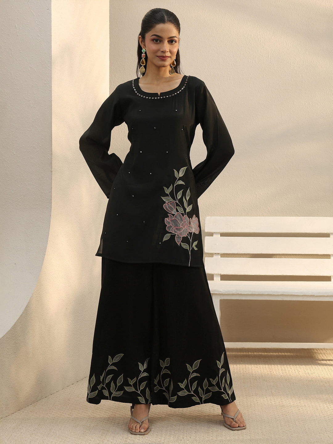 Black Floral Embroidered Chanderi Silk Co-Ord Set