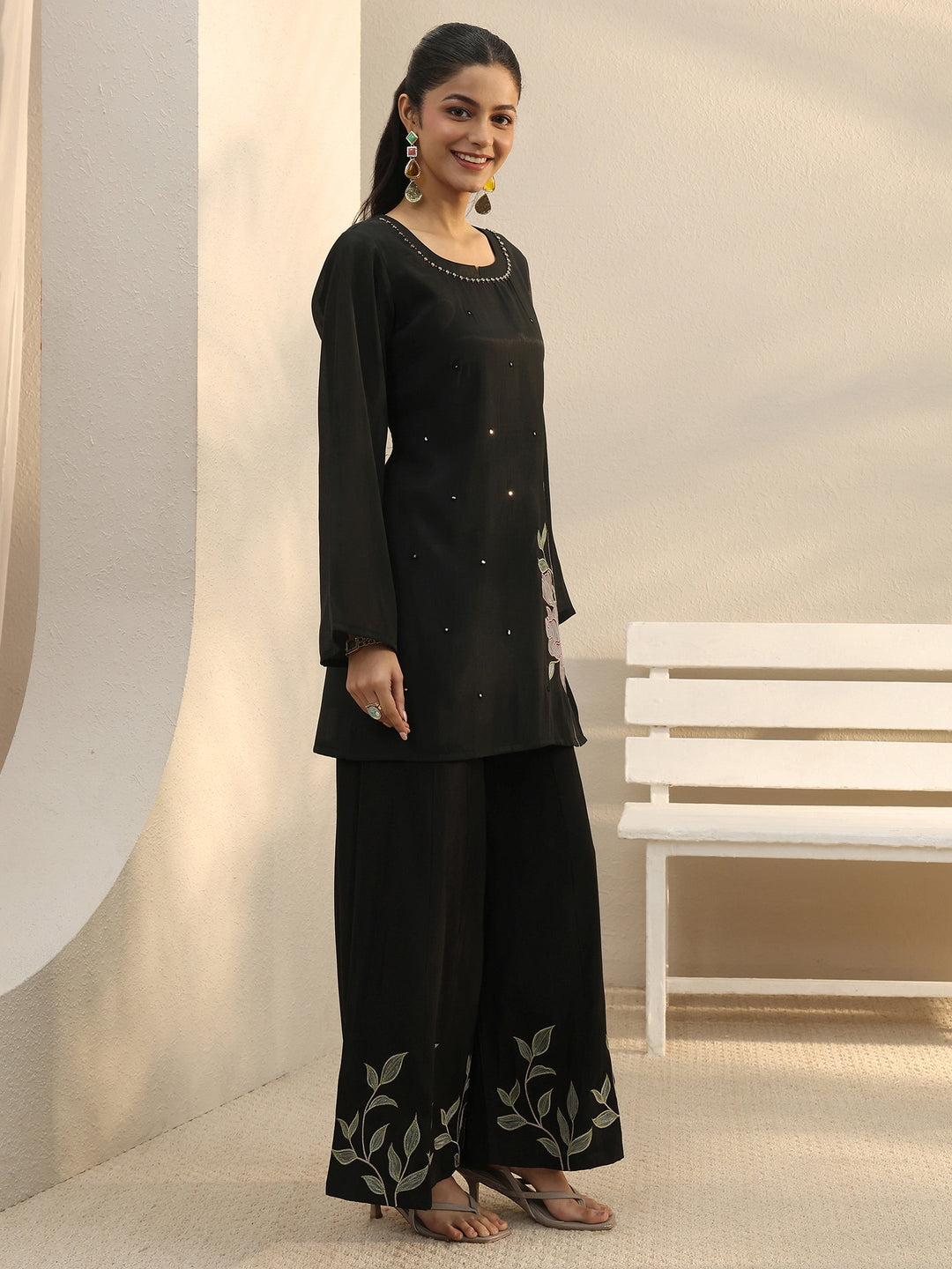 Black Floral Embroidered Chanderi Silk Co-Ord Set