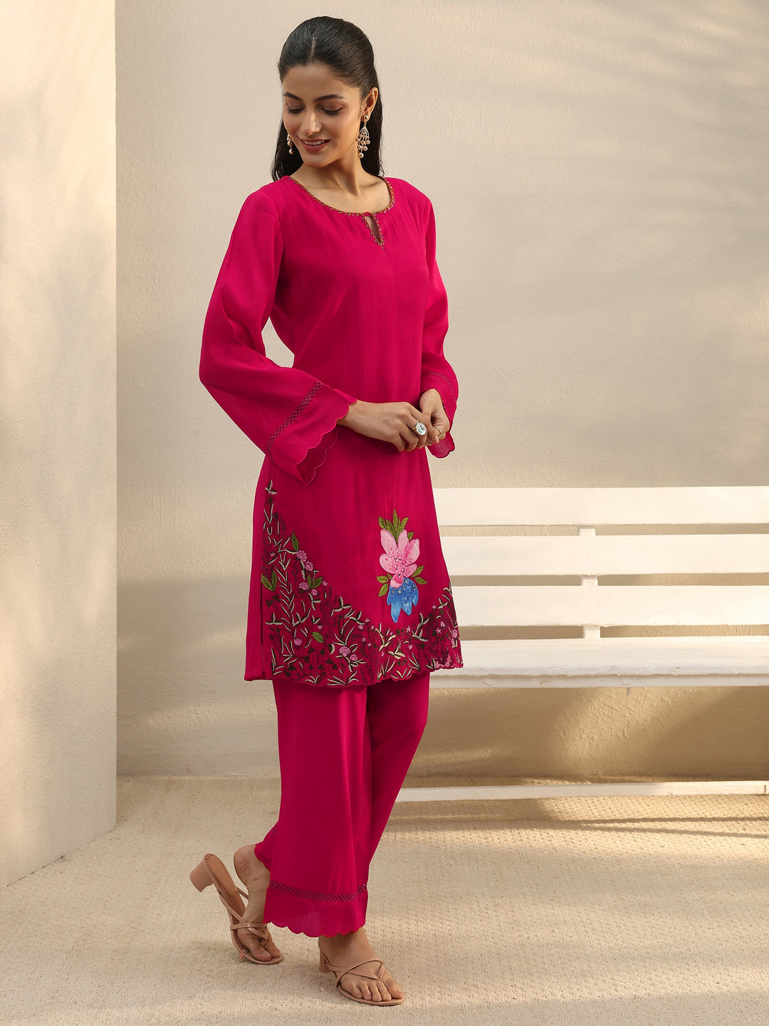 Fuchsia Pink Floral Embroidered Chanderi Silk Straight Suit Set