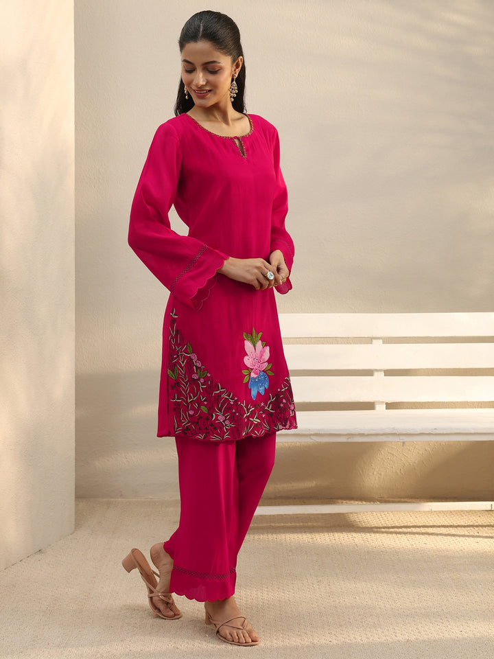 Fuchsia Pink Floral Embroidered Chanderi Silk Straight Suit Set