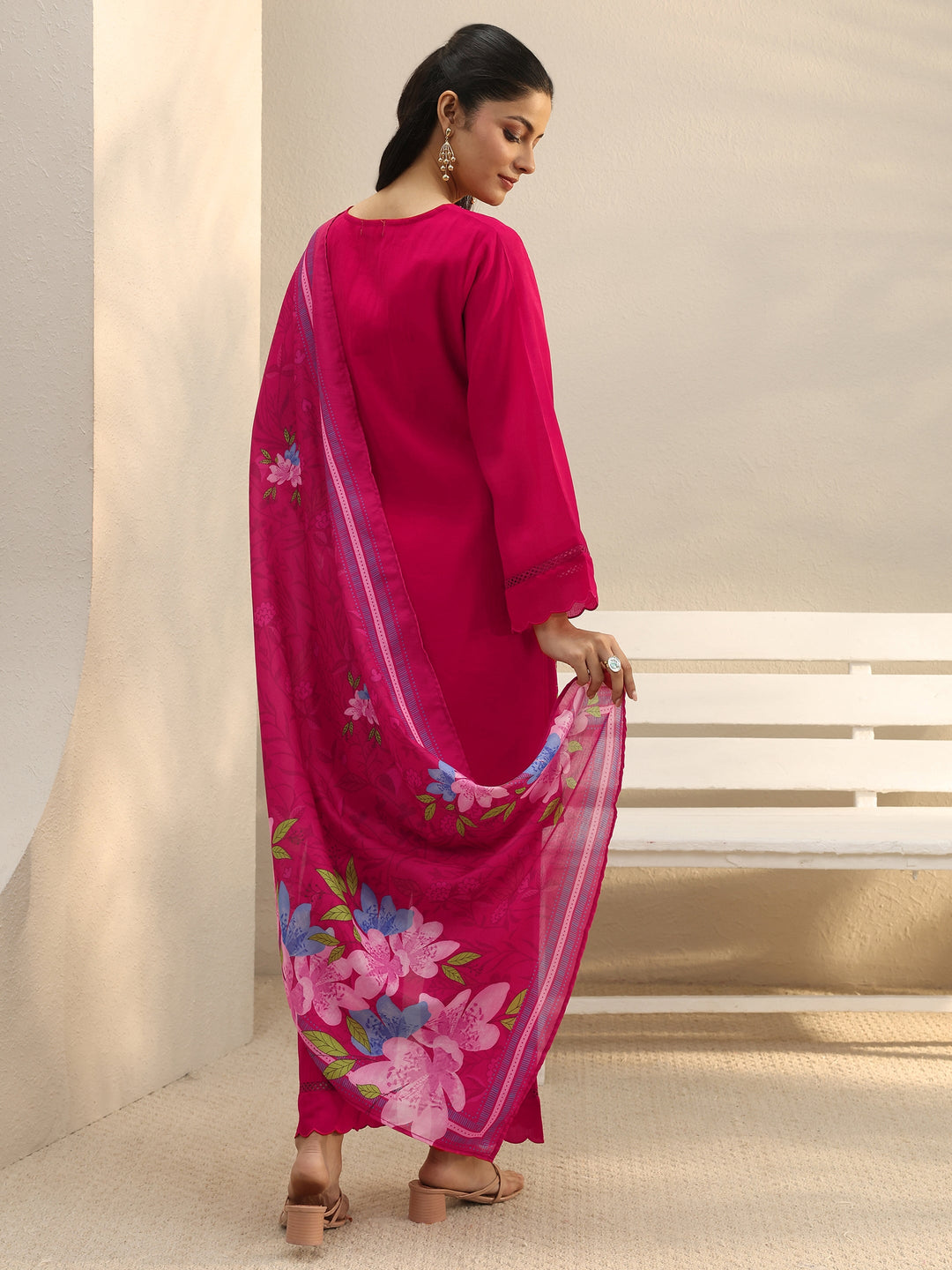 Fuchsia Pink Floral Embroidered Chanderi Silk Straight Suit Set