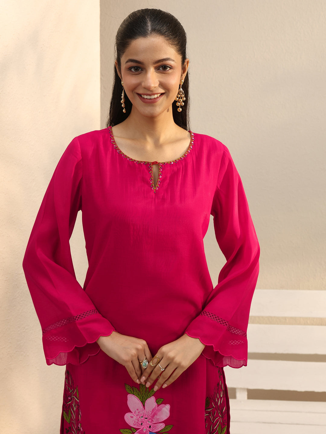 Fuchsia Pink Floral Embroidered Chanderi Silk Straight Suit Set