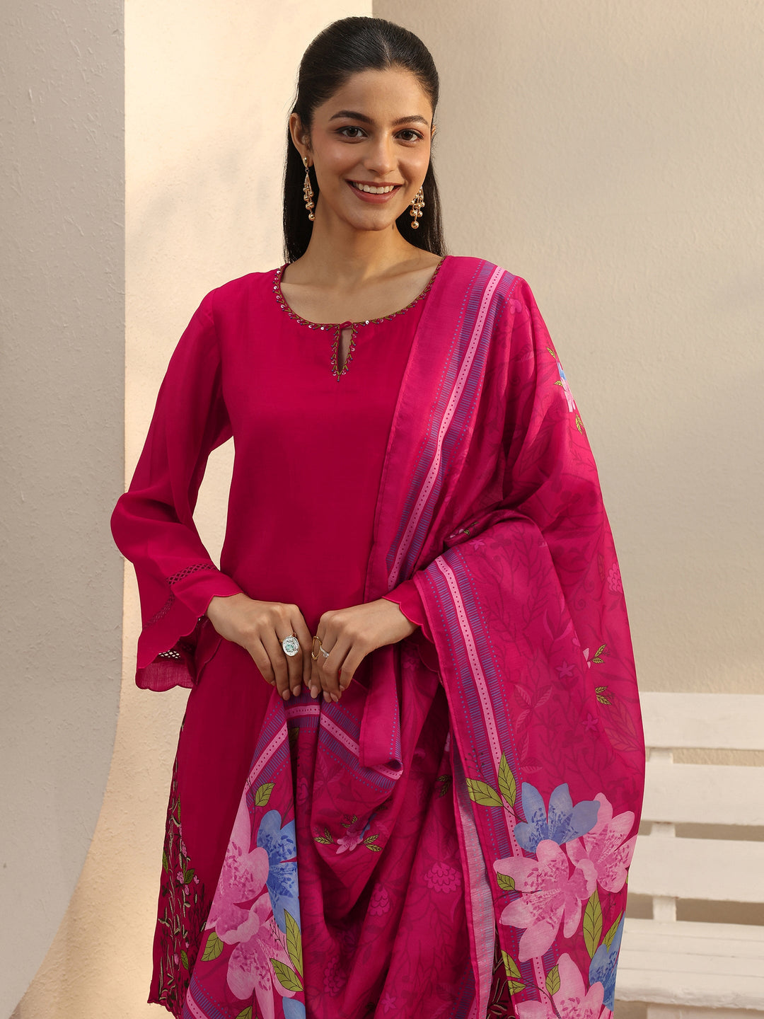 Fuchsia Pink Floral Embroidered Chanderi Silk Straight Suit Set