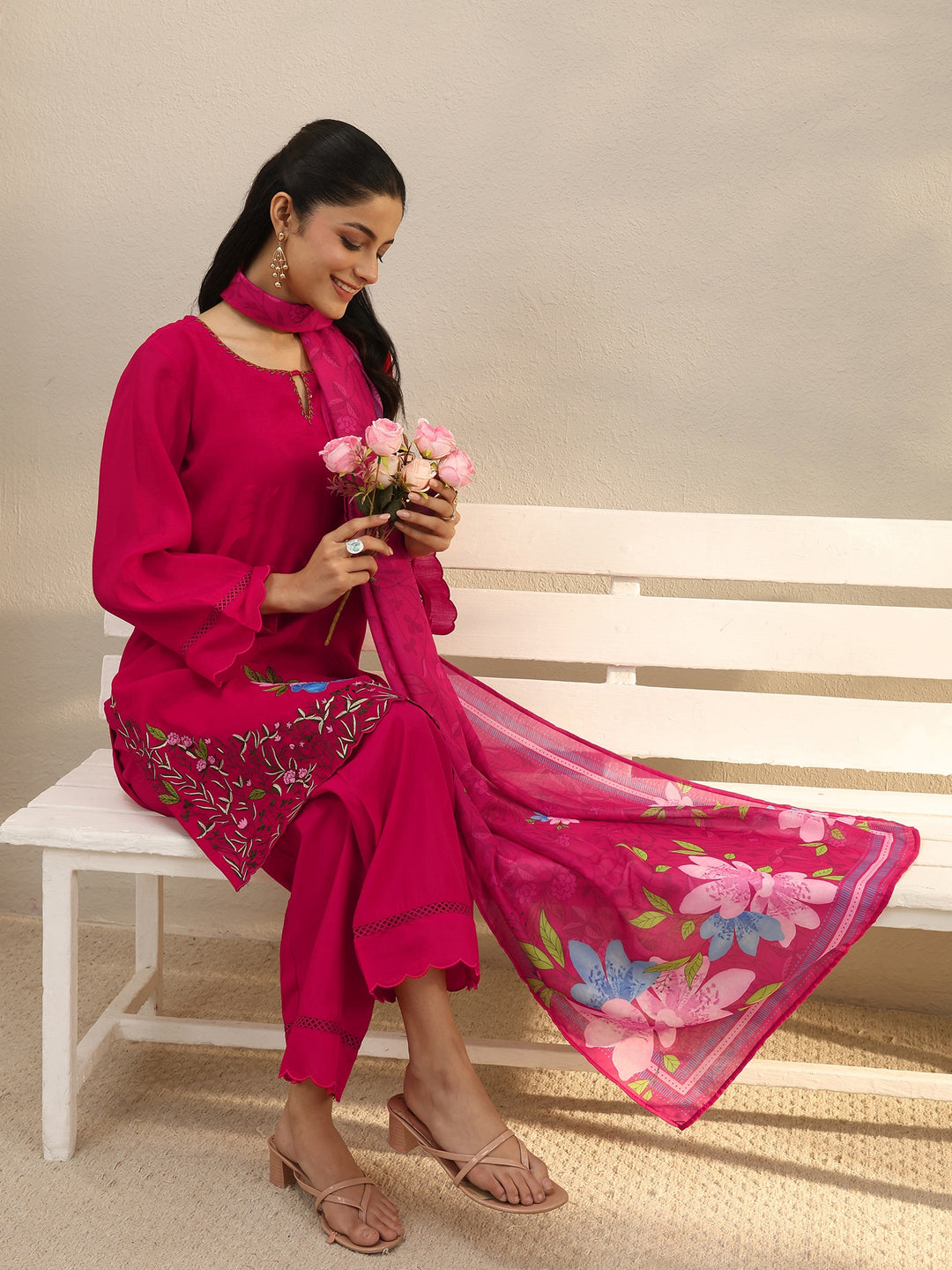 Fuchsia Pink Floral Embroidered Chanderi Silk Straight Suit Set
