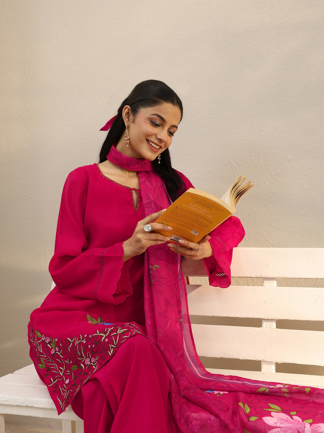 Fuchsia Pink Floral Embroidered Chanderi Silk Straight Suit Set