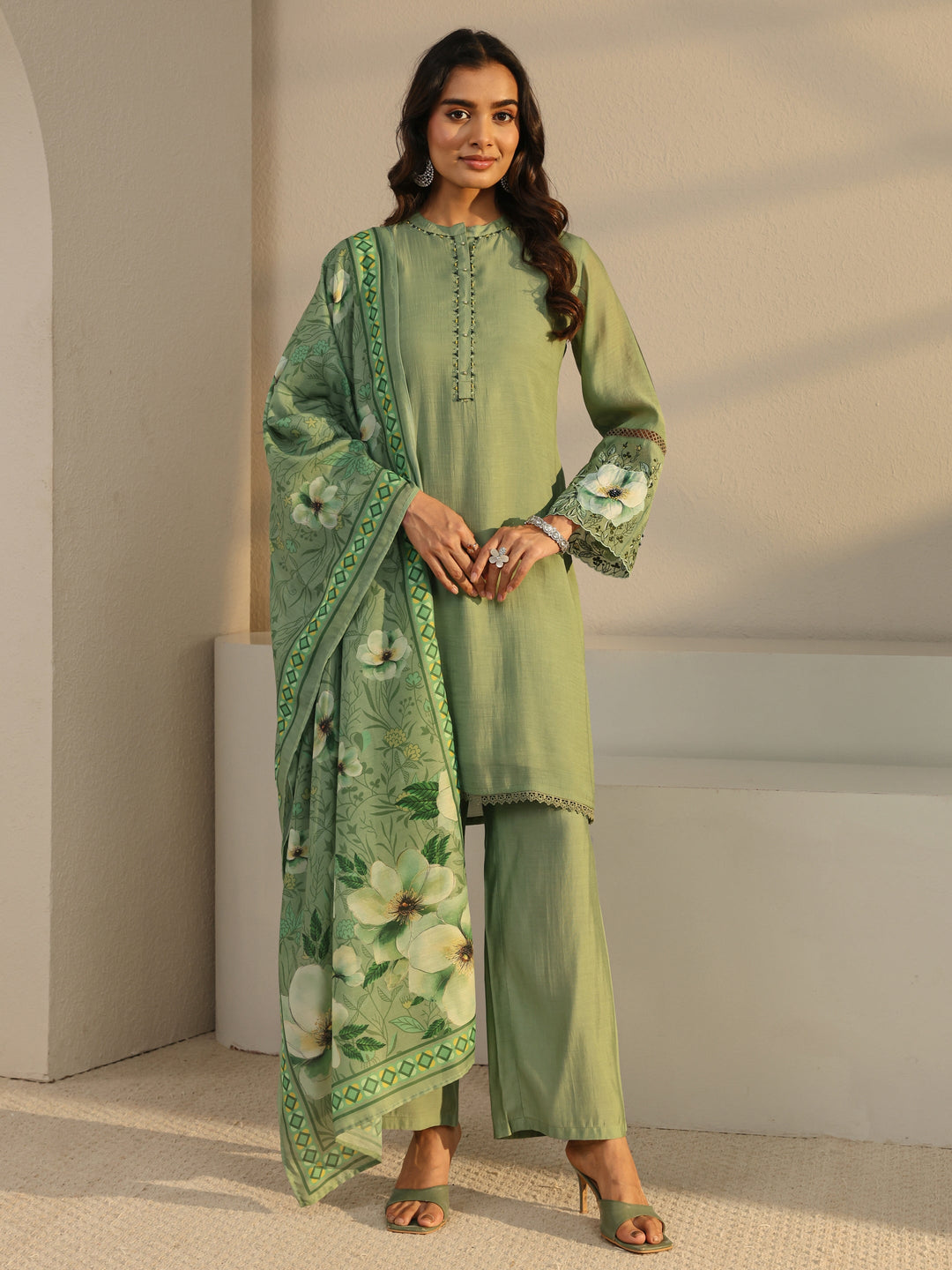 Green Solid Chanderi Silk Straight Suit Set