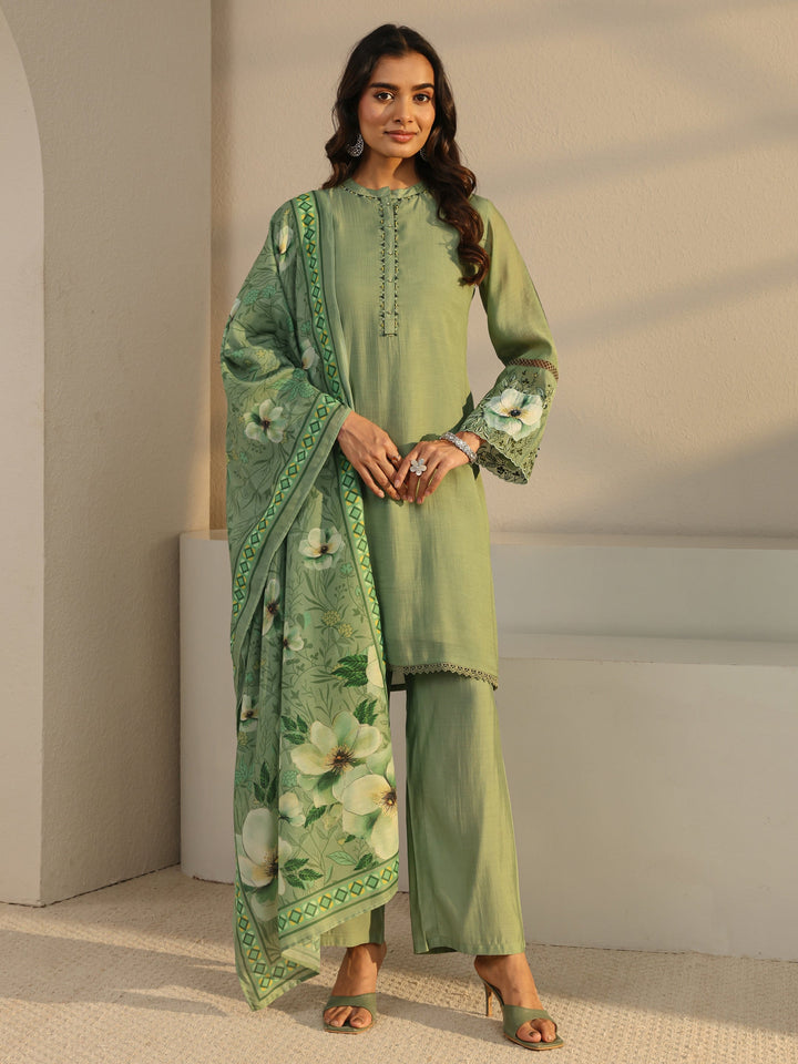 Green Solid Chanderi Silk Straight Suit Set