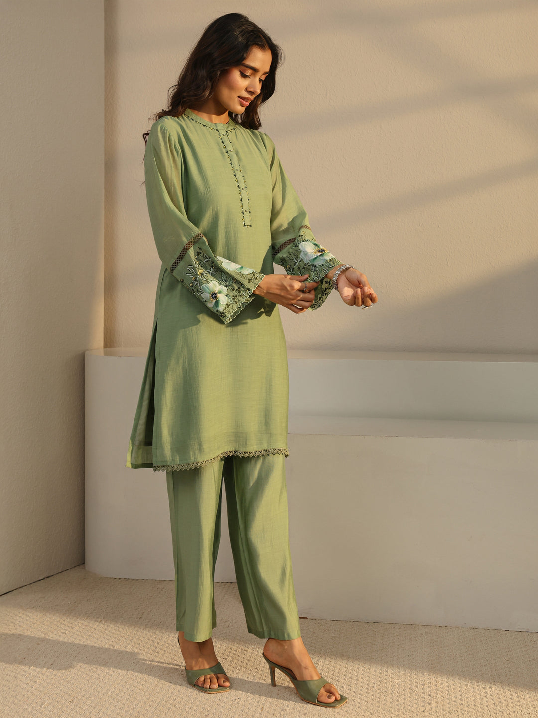 Green Solid Chanderi Silk Straight Suit Set