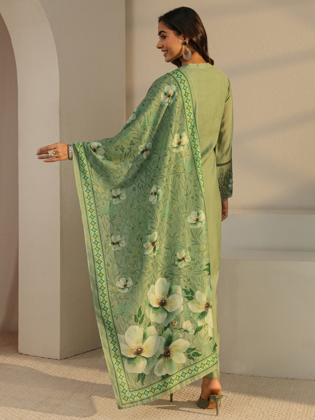 Green Solid Chanderi Silk Straight Suit Set