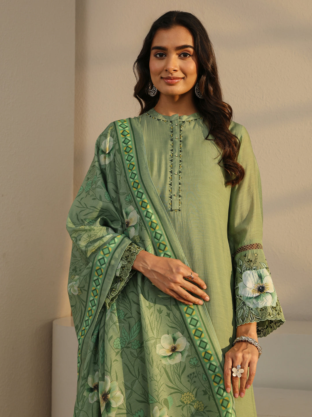 Green Solid Chanderi Silk Straight Suit Set