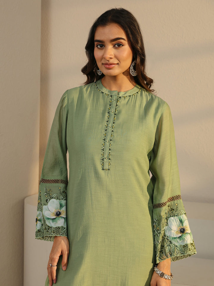Green Solid Chanderi Silk Straight Suit Set