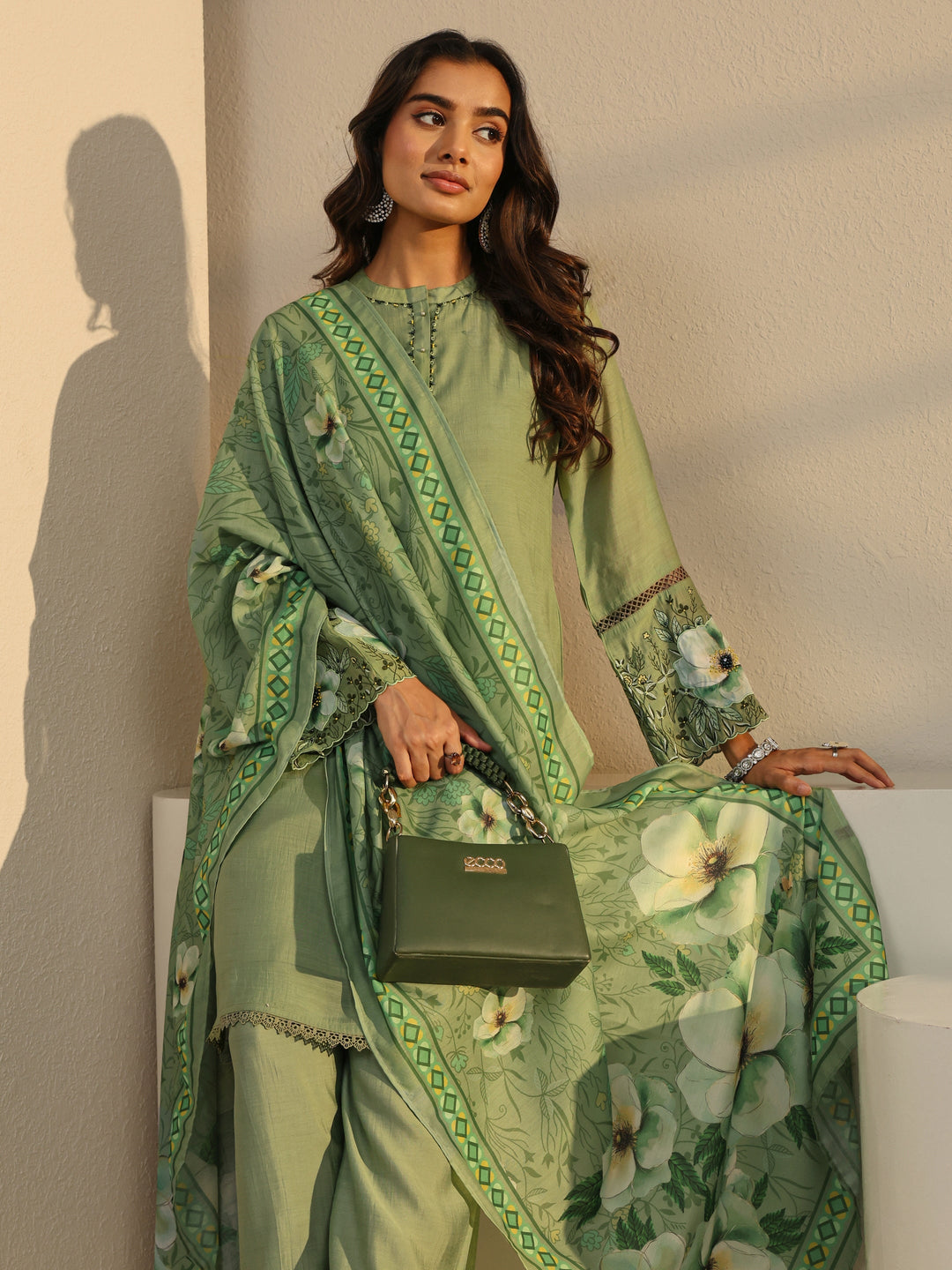 Green Solid Chanderi Silk Straight Suit Set