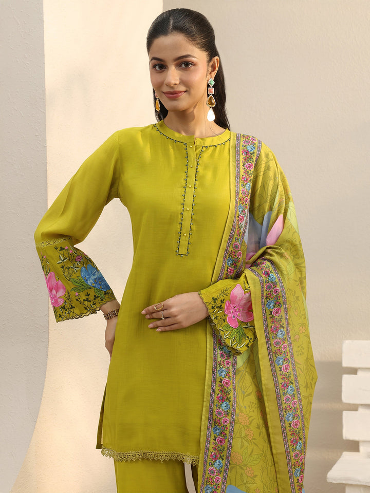 Green Floral Printed Chanderi Silk Straight Suit Set