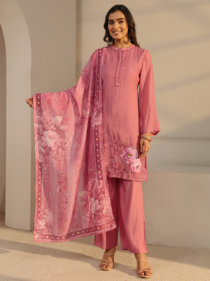 Pink Floral Embroidered Chanderi Silk Straight Suit Set