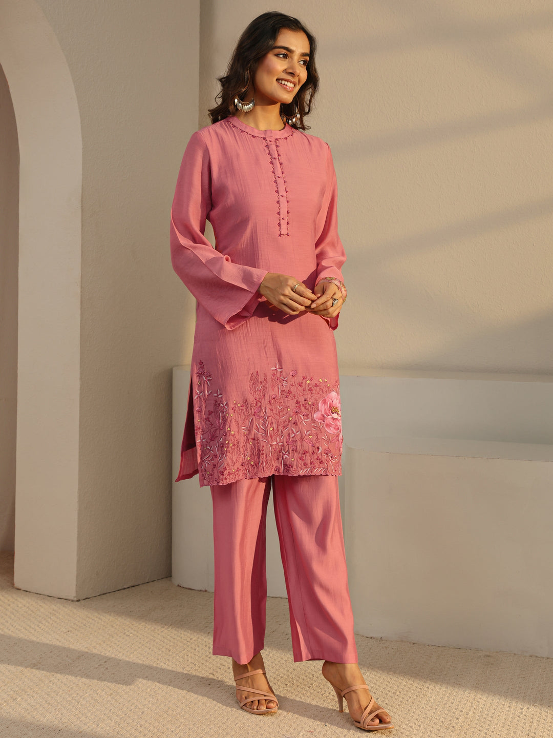 Pink Floral Embroidered Chanderi Silk Straight Suit Set