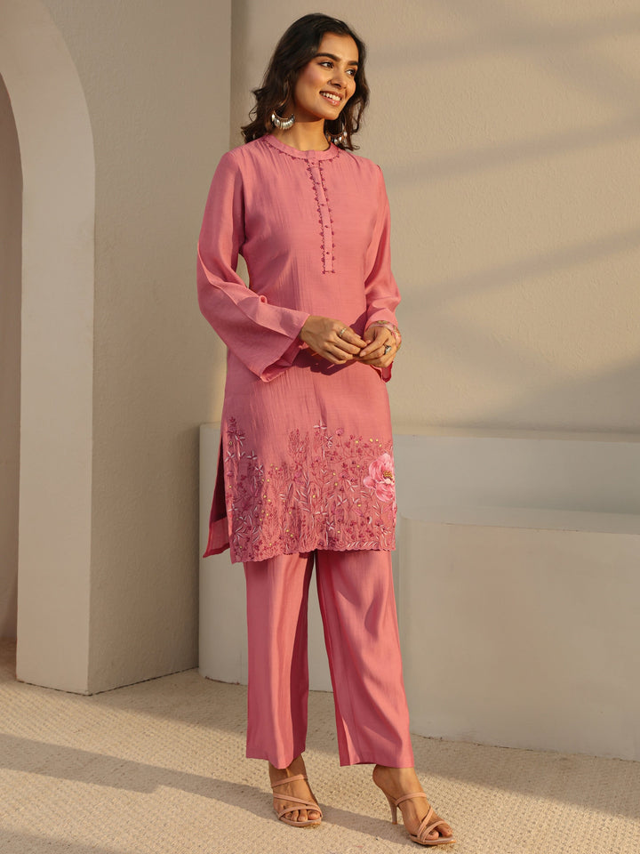 Pink Floral Embroidered Chanderi Silk Straight Suit Set