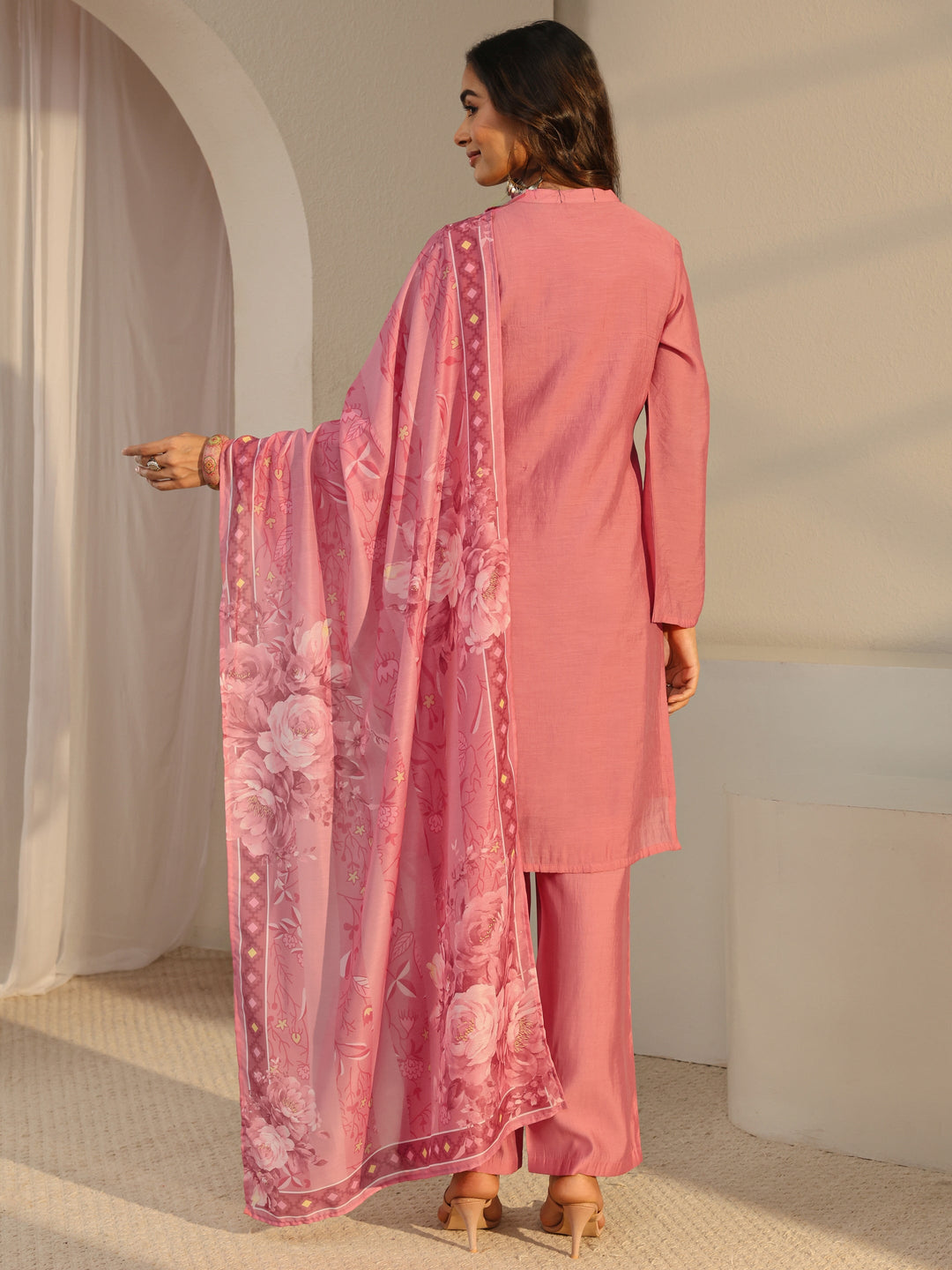 Pink Floral Embroidered Chanderi Silk Straight Suit Set