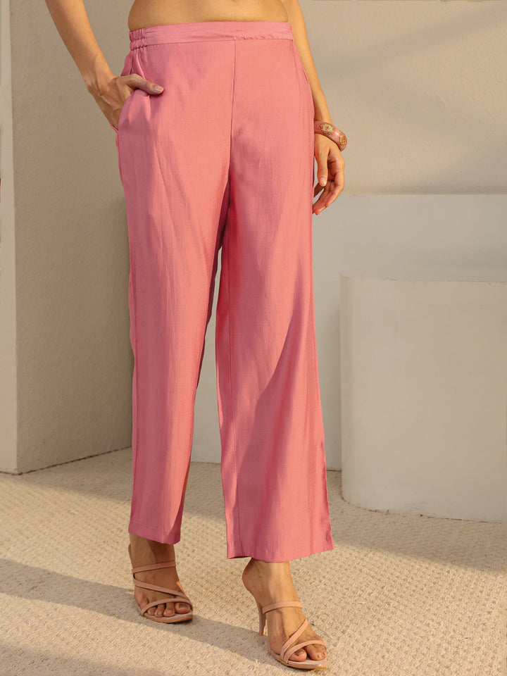 Pink Floral Embroidered Chanderi Silk Straight Suit Set