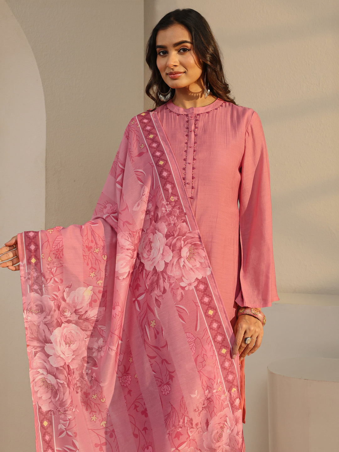 Pink Floral Embroidered Chanderi Silk Straight Suit Set