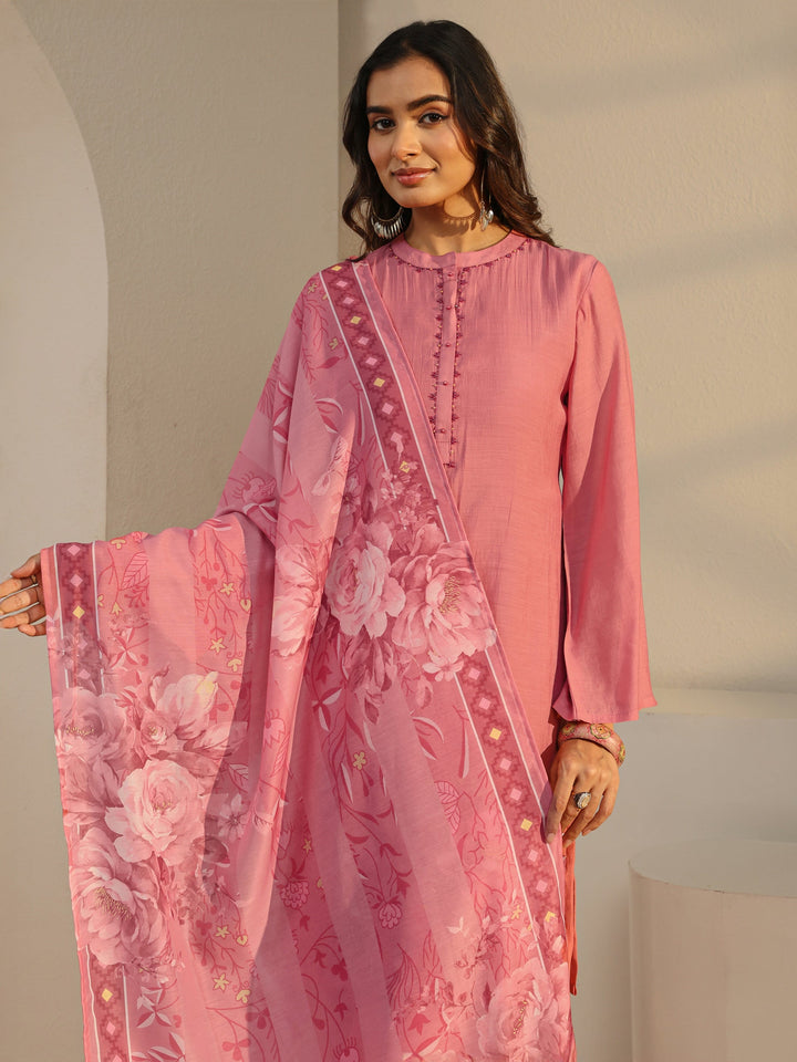 Pink Floral Embroidered Chanderi Silk Straight Suit Set