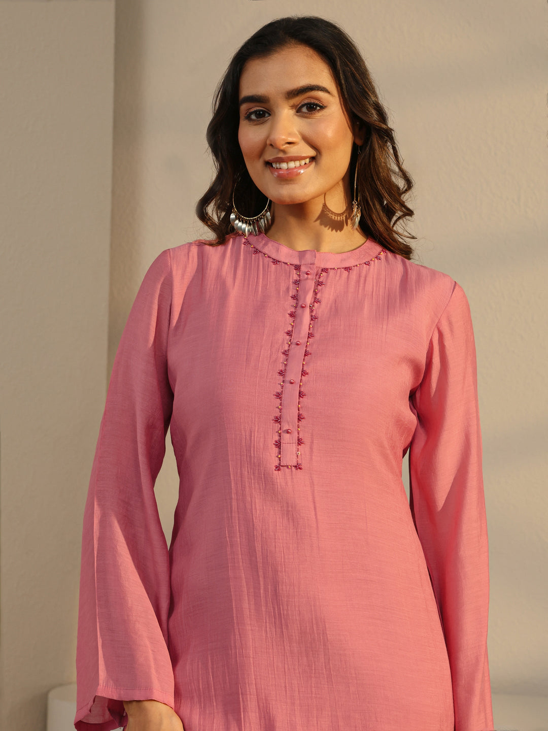 Pink Floral Embroidered Chanderi Silk Straight Suit Set